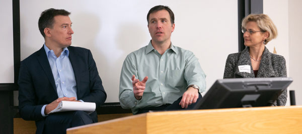 Professors (from left) Adam Sulkowski, David Nersessian and Dessislava Pachamanova discuss Responsible Digital Transformation.