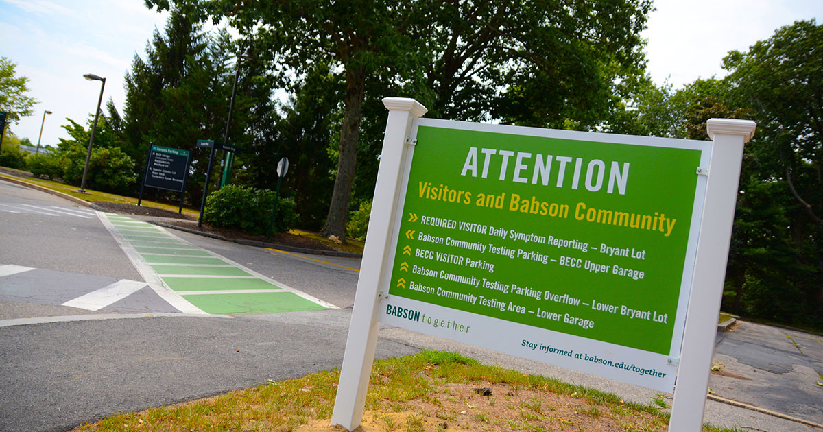 Sign directing community members on Babson's Wellesley campus