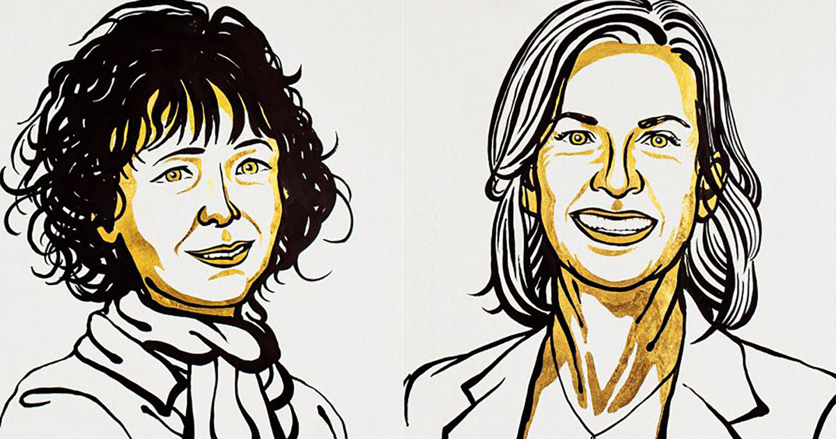 A sketch of Nobel Prize-winning scientists Emmanuelle Charpentier and Jennifer Doudna.