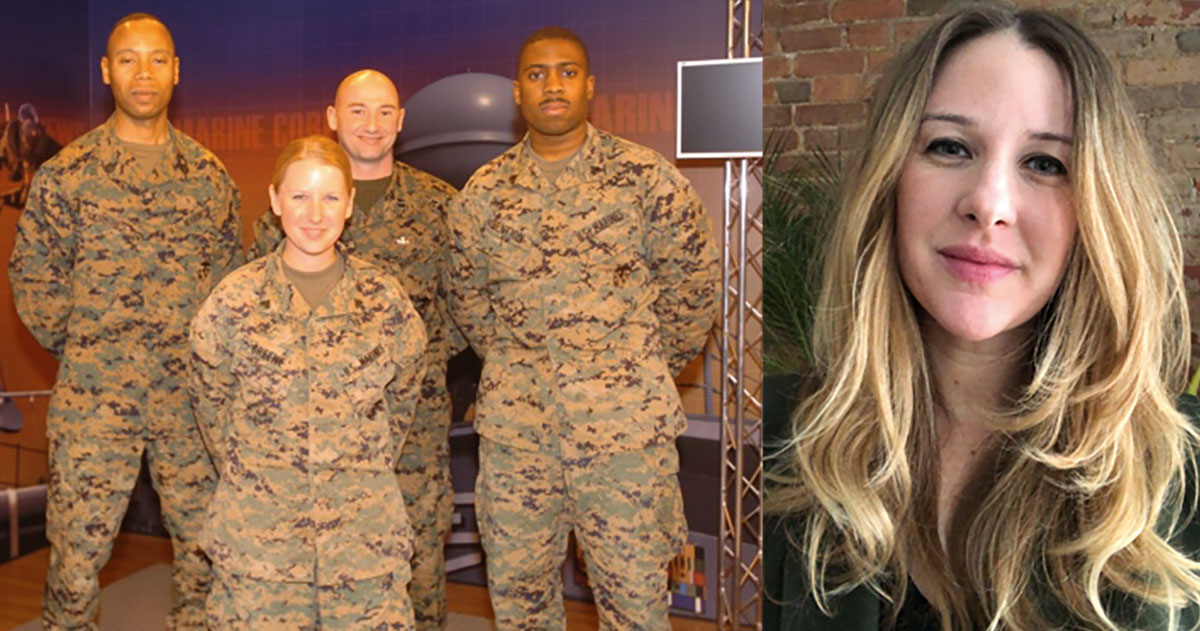 Esther Greene MBA ’21 while serving in the Marine Corps and today.