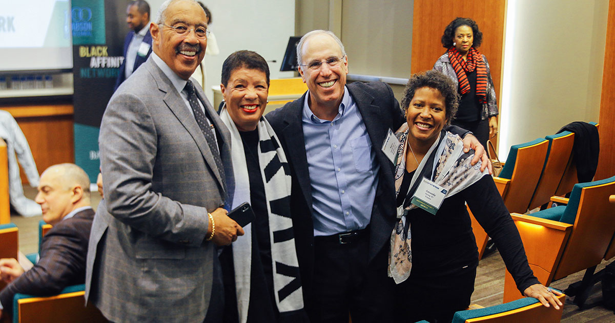 From left: Eric Johnson ’72, P’08; vice president for programming and community outreach Jane Edmonds; President Stephen Spinelli Jr. MBA’92, PhD; and Amanda Strong ’87 at the College’s 2019 Black Affinity Network Conference