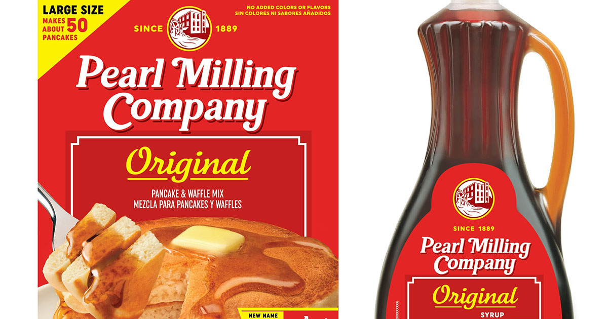 Box and bottle of Pearl Milling Company pancake mix and syrup
