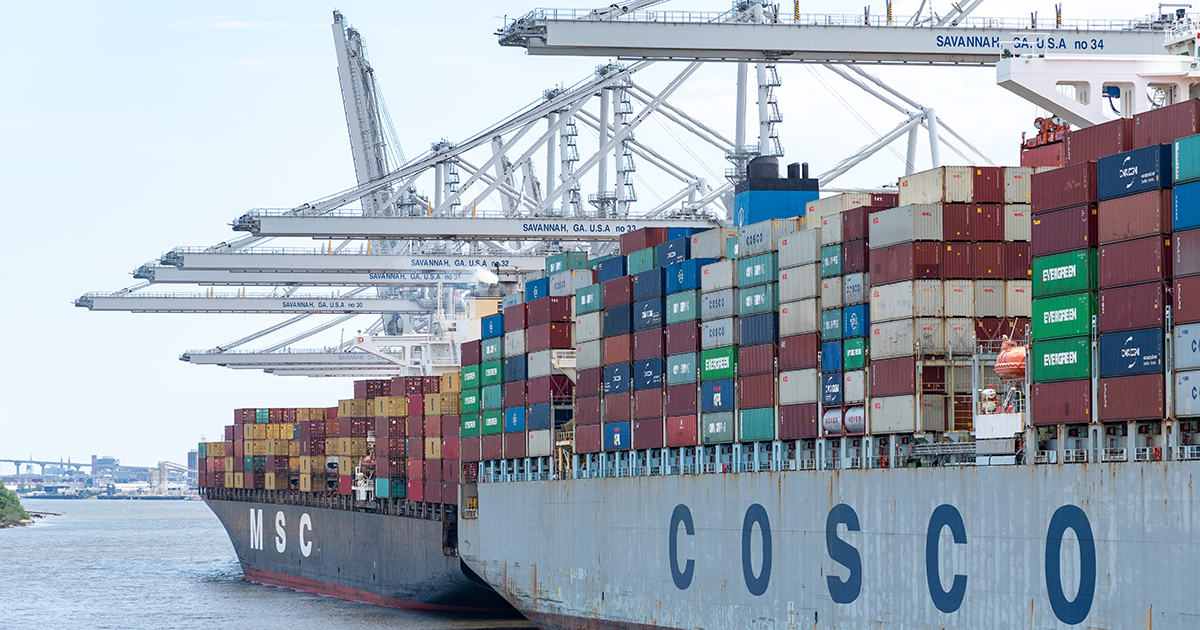 Cargo container ships under gantry cranes in port of Savannah