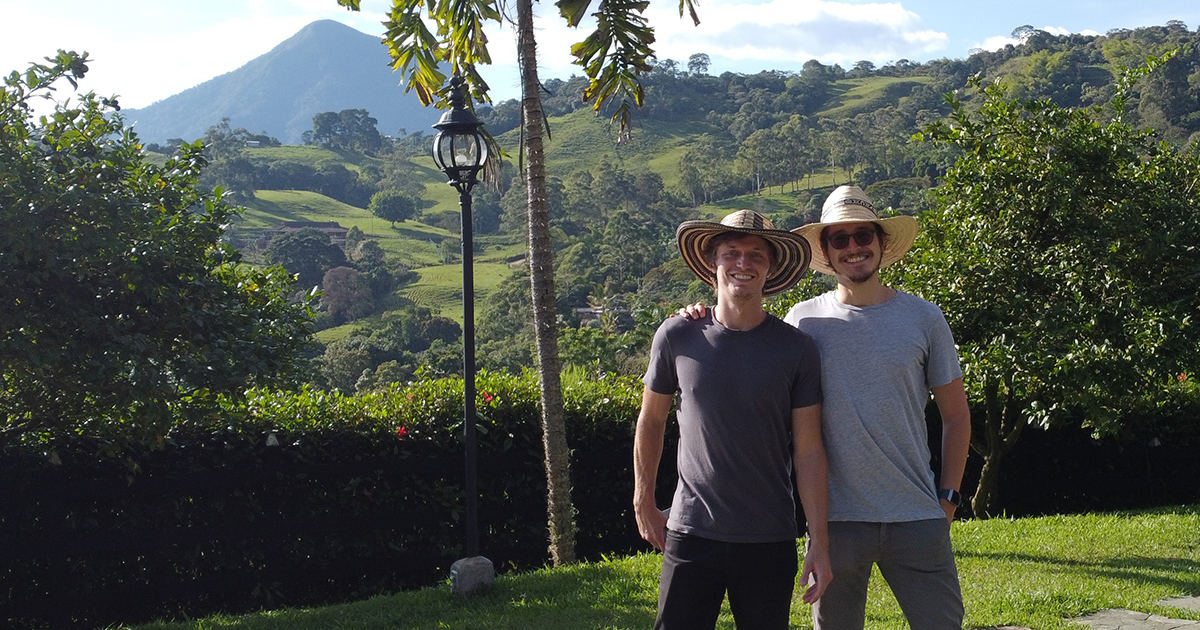Lucas Webb '13 and his coffee company's co-founder, Vicente Fullerton.