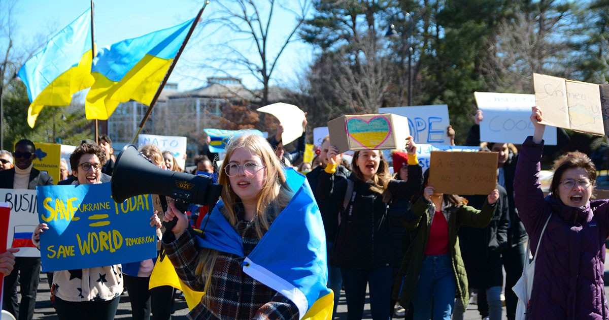 Babson College community members march in support of Ukraine