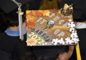 decorated mortarboard with leaves, birds, and cotton flowers