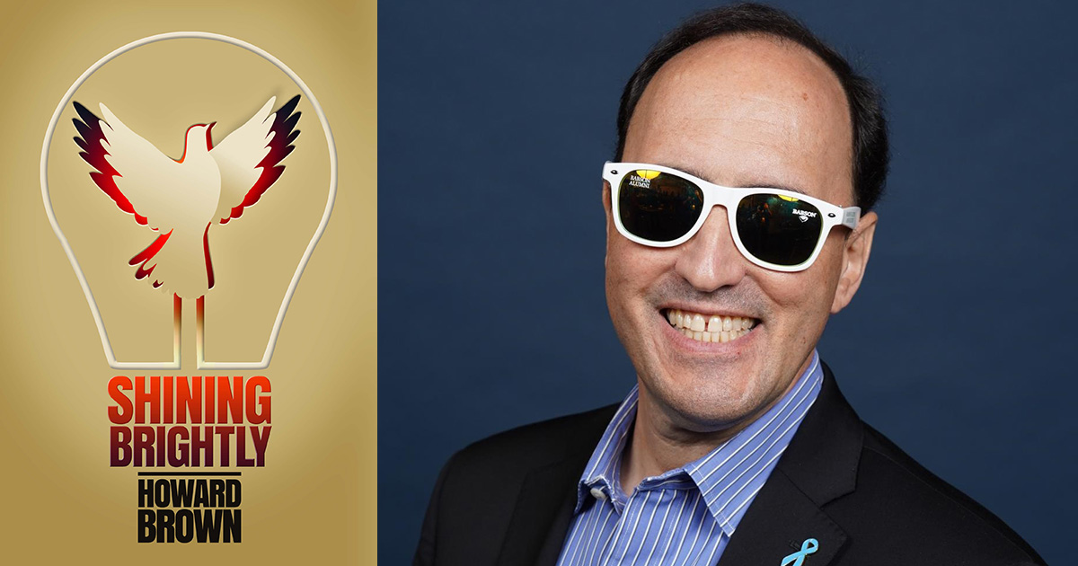 Composite photo of the Shining Brightly book cover and Howard Brown wearing his sunglasses