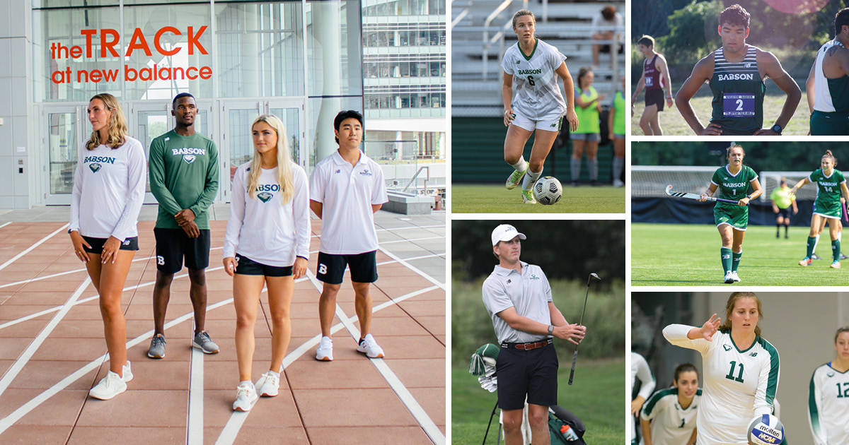 Collage of photos of Babson student-athletes in New Balance gear