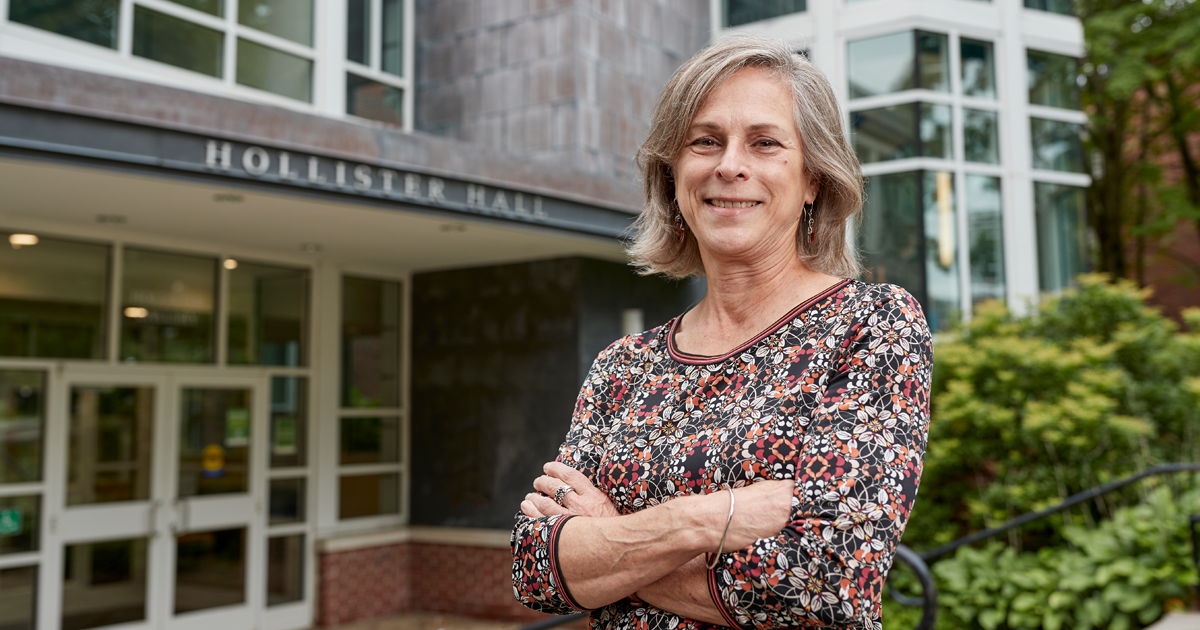 Mary Pinard poses for a photo on the Babson campus