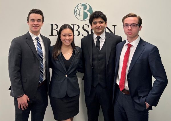 Babson’s winning team (from left): Peter D’Ambrosio ‘24, Joyce Wang ’23, Arya Patel ‘24, and Nathan Watts ’23