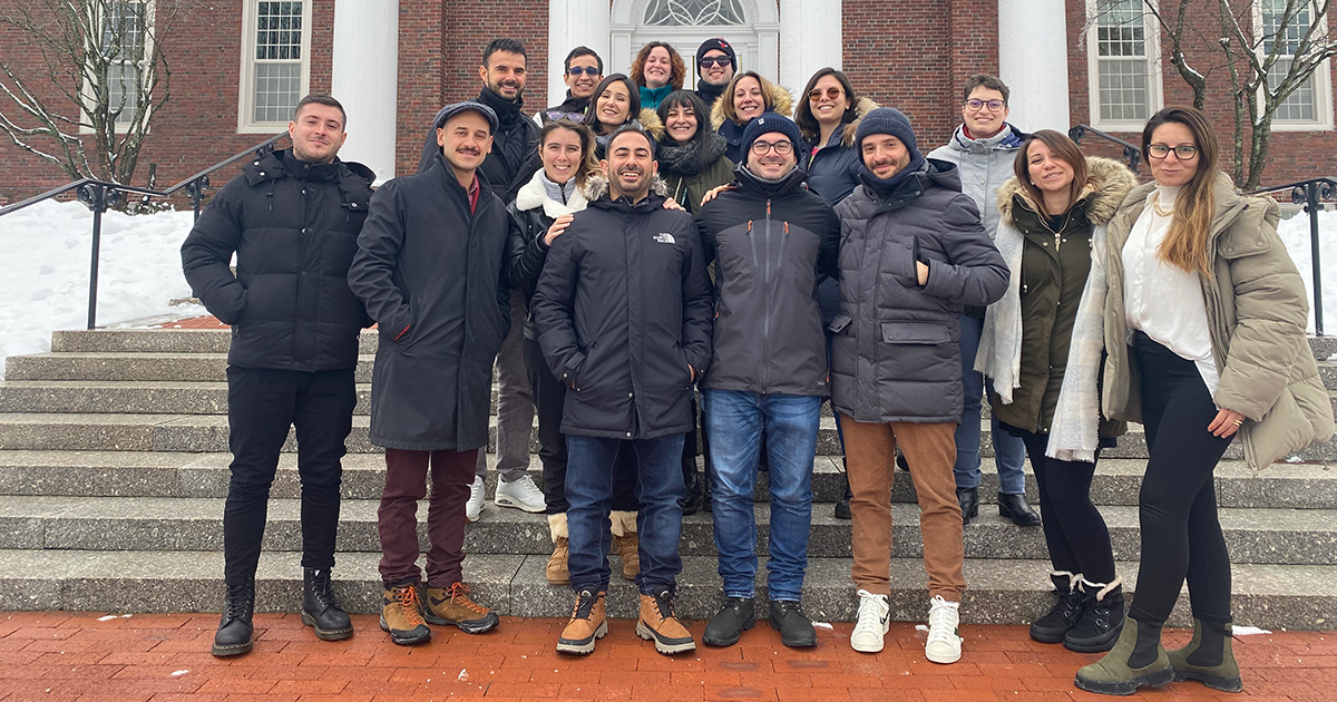 A group of entrepreneurship students from Sardinia pose on the Babson College campus