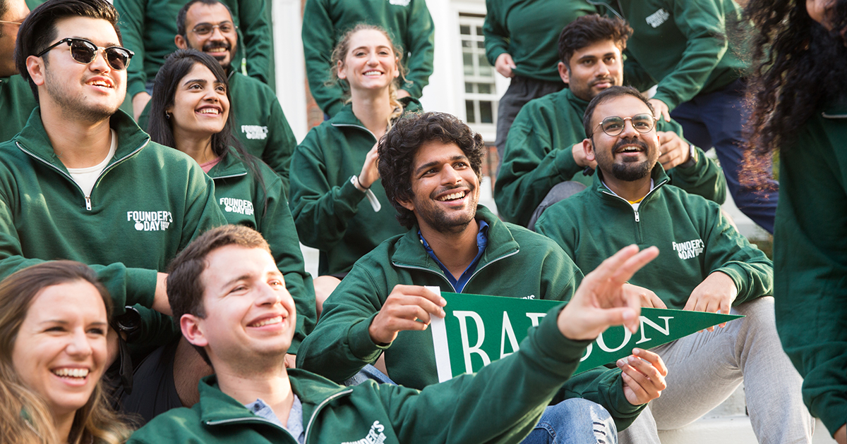 A group of Babson MBA students congregate on campus