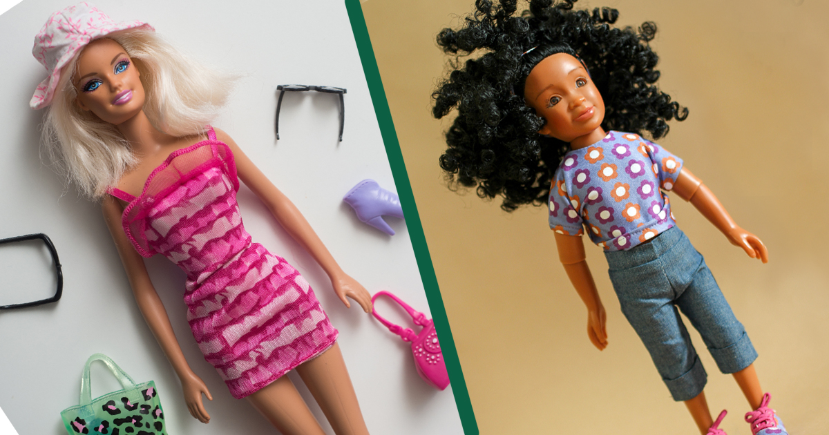 Side-by-side photos of a Barbie doll and a Corage doll named Aaliya