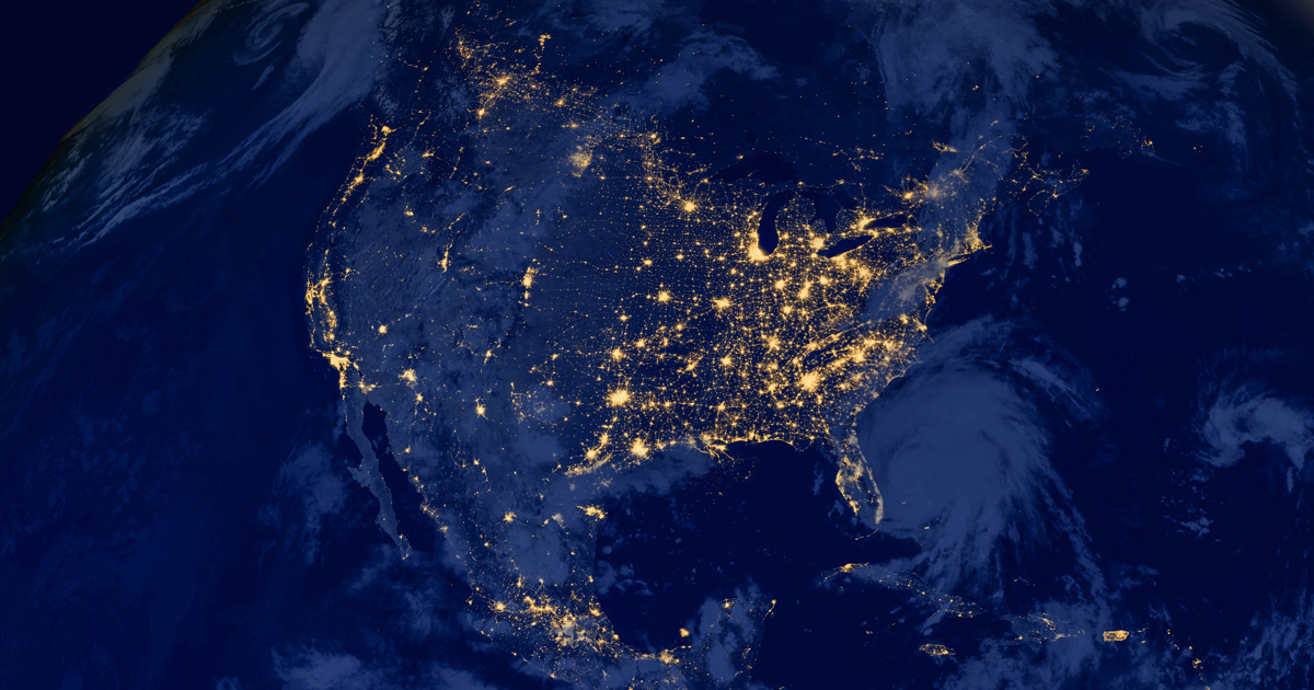 overhead view of North America lit up at night