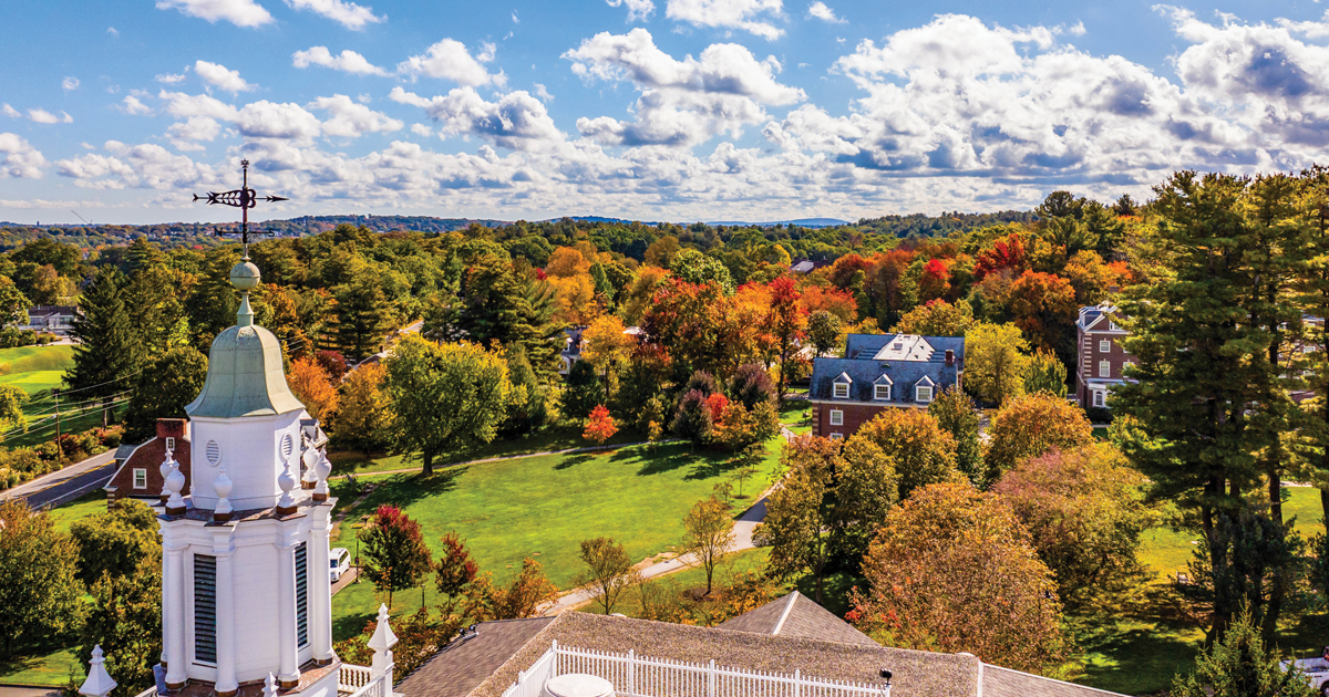 A view of the Babson campus from a drone on a gorgeous fall day