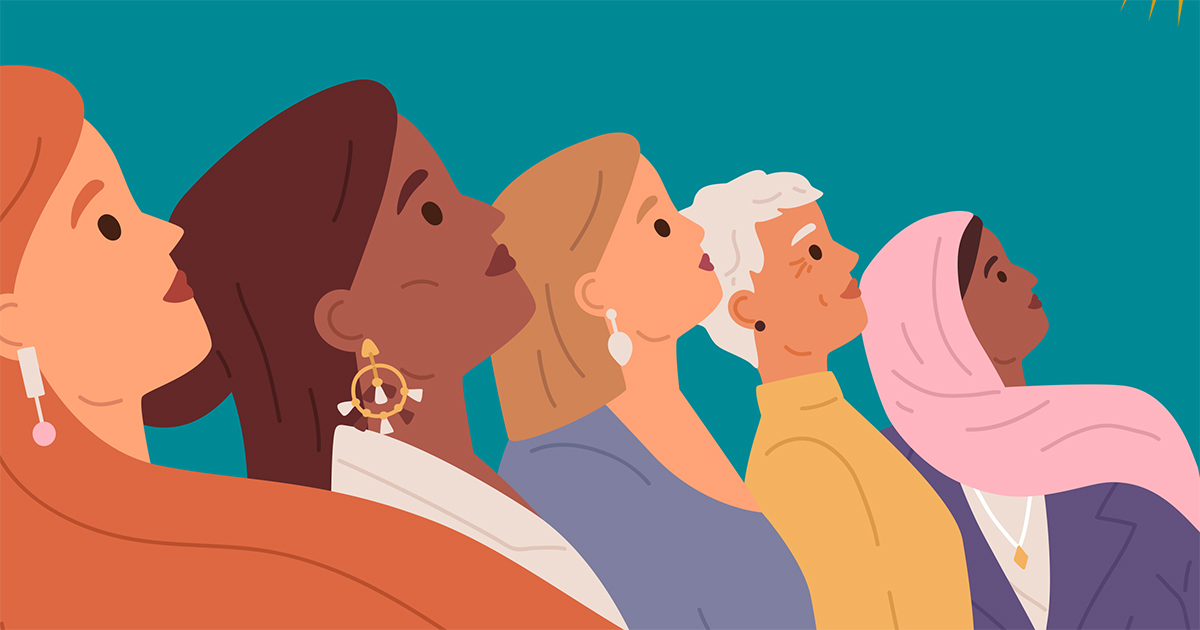 Illustration of five diverse women looking up
