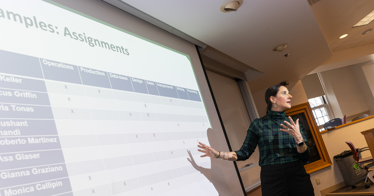 Professor of Practice Michele Kerrigan teaches a new class on how to expand DEI. (Photo by Nic Czarnecki/Babson College)
