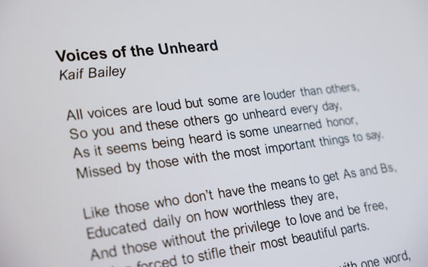 Close-up of the second-prize winning poem on display