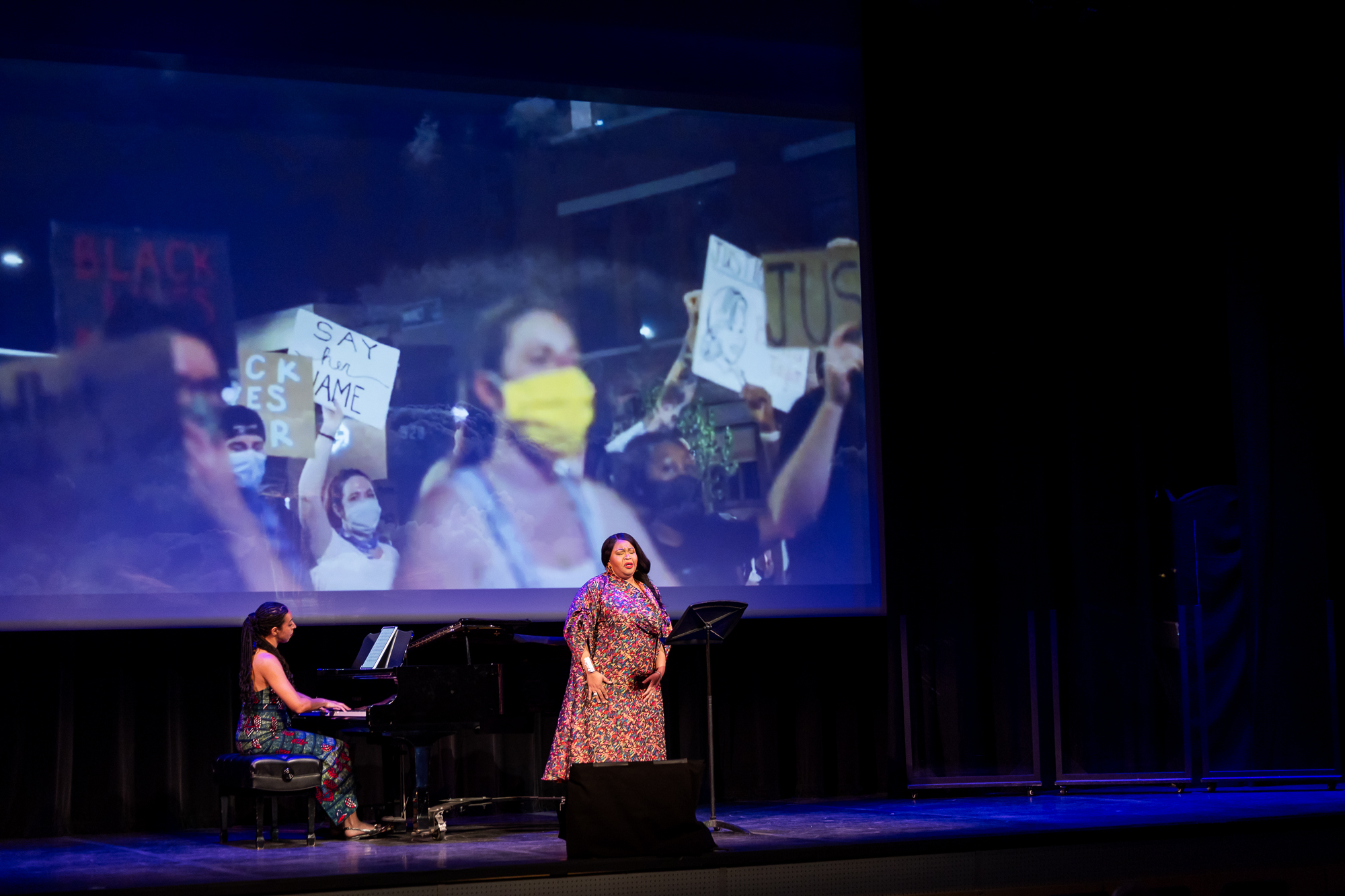 Karen Slack and pianist Kamilla Arku perform on stage at Babson.