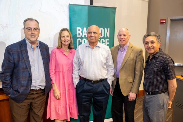 Babson professors (from left) Richard Goulding, Brigitte Muehlmann, Dhebar, Scott Taylor, and Jay Rao spoke at the event. (Photo: Nic Czarnecki)