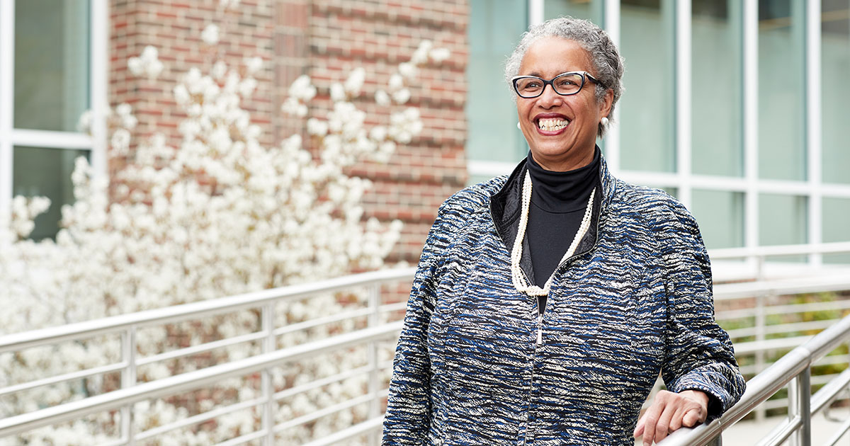 Donna Stoddard poses for a portrait on Babson’s campus