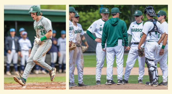 Side-by-side action photos of the baseball team