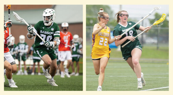 Side-by-side action photos of the men's and women's lacrosse teams