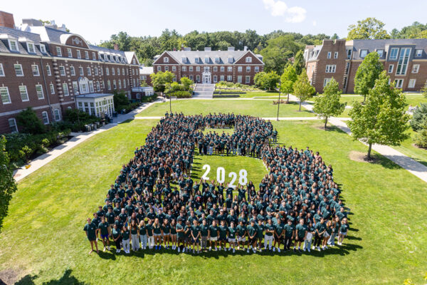 The Class of 2028 forms a Big B in the Quad