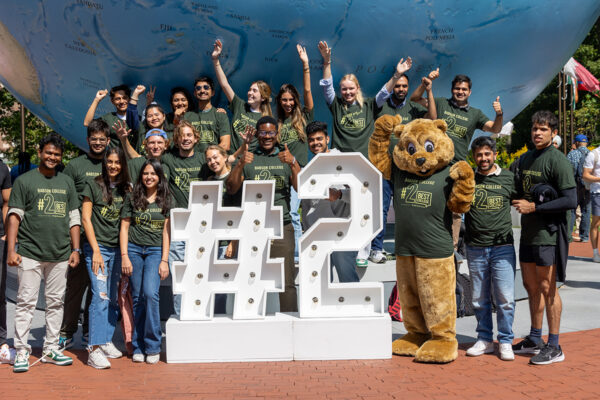 Babson students celebrate at the Globe with a giant #2