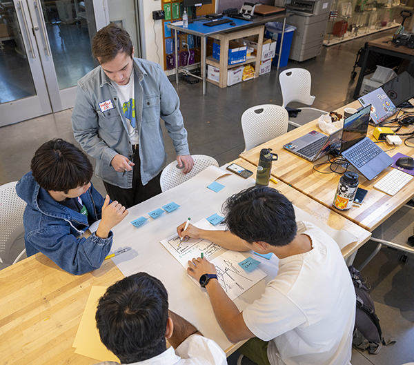 An overhead photo of students working around a table