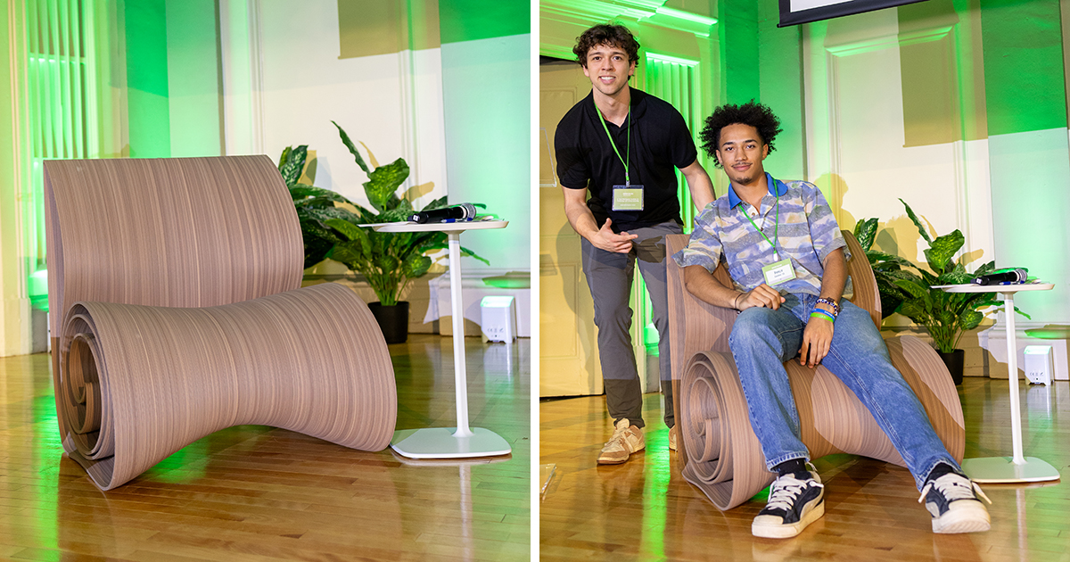 Side-by-side photos of the chair and the two students posing for a photo with the chair