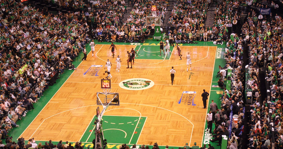 The Boston Celtics play a game at their home arena of TD Garden