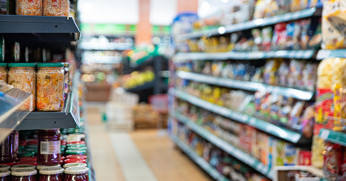 Food on the shelves of a grocery store.