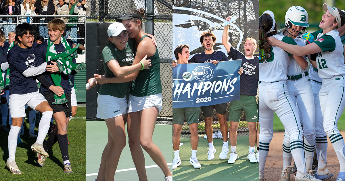 Collage of four photos depicting Babson teams celebrating