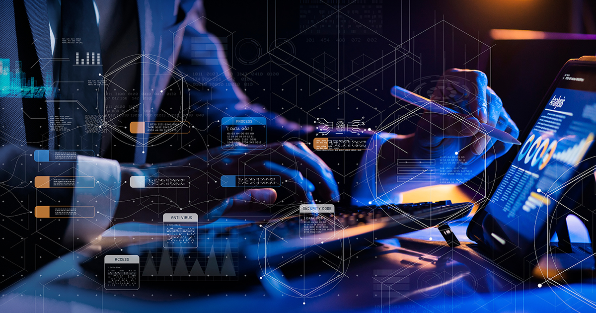 Technical symbols superimposed over man in a suit.