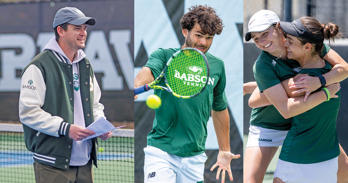 Three photos in a side-by-side collage depict Michael Kopelman coaching, Brady Anderson in action, and the doubles team celebrating