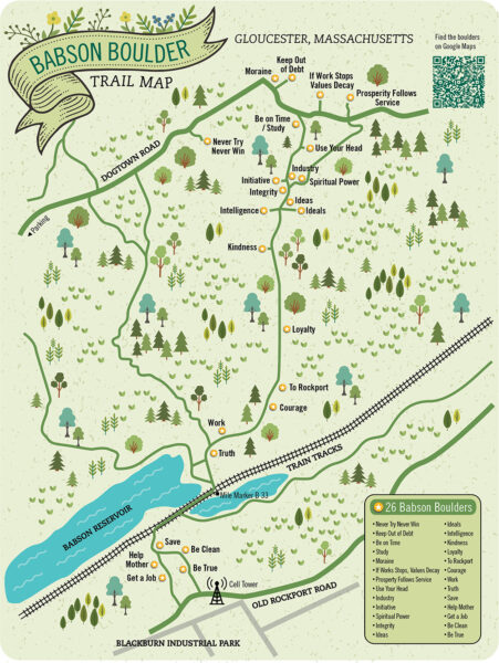 An illustrated map of the Babson Boulders in Gloucester