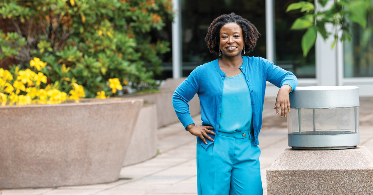 Jessica Chance poses for a portrait outside the F.W. Olin Graduate School of Business