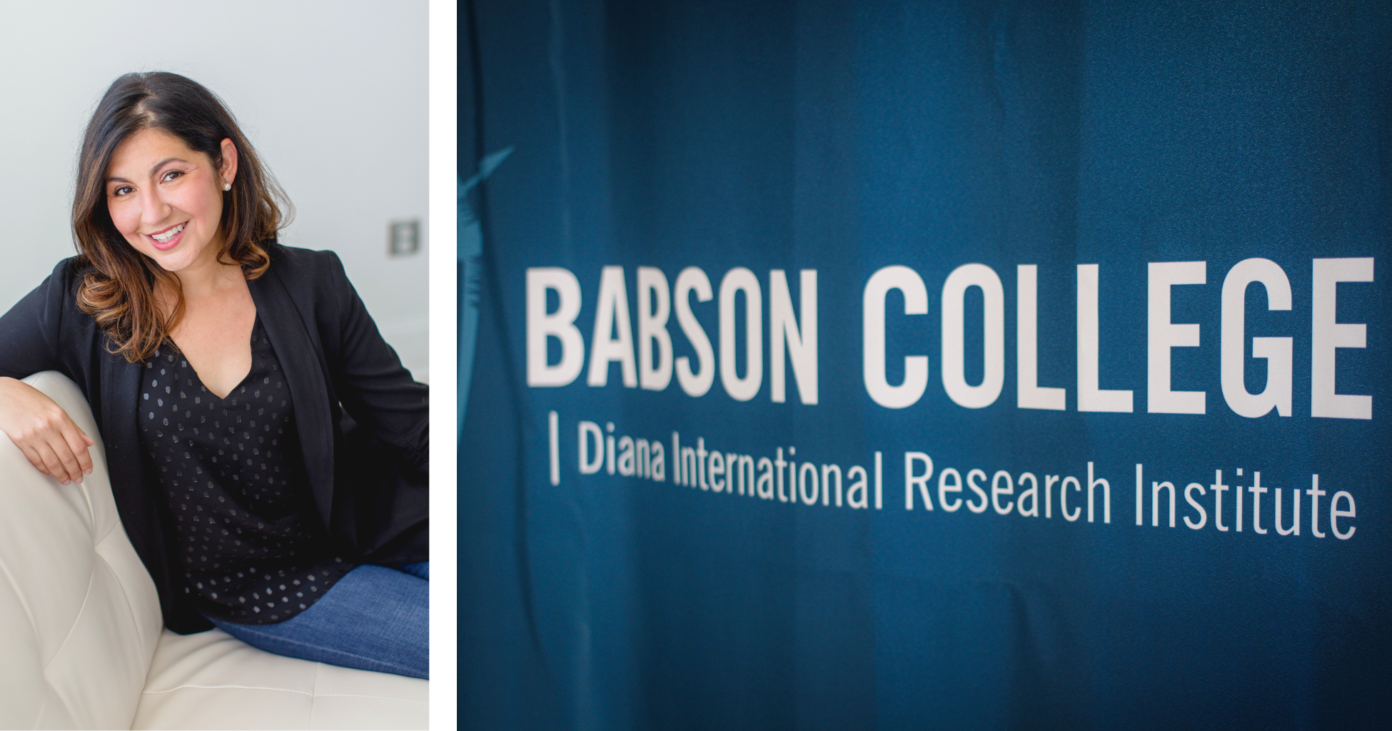 Split image featuring Diana Hechavarria sitting on a couch to the left and smiling with the Babson College DIRI sign featured on the right.