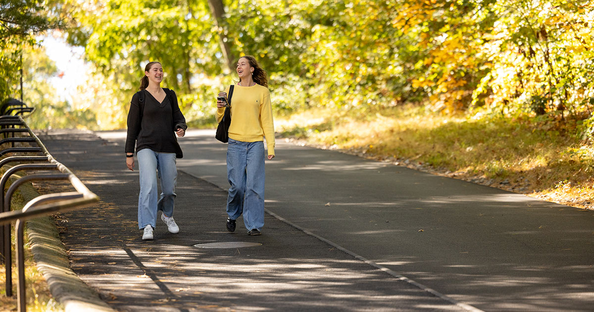 Two students walk down a hill on Babson’s campus