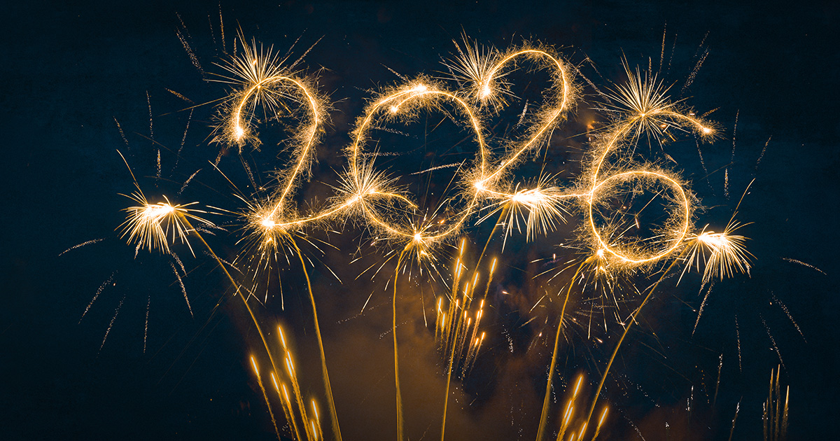 The numbers 2026 in fireworks celebrate the new year.