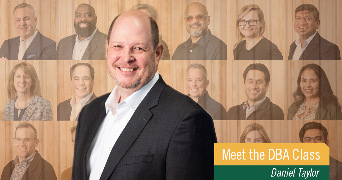 A profile picture of Daniel Taylor stands against a background of other profile pictures of DBA candidates.