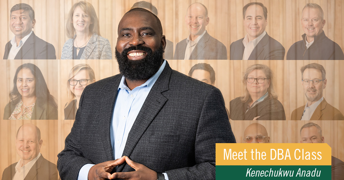 A profile picture of Kenechukwu Anadu stands against a background of other profile pictures of DBA candidates.