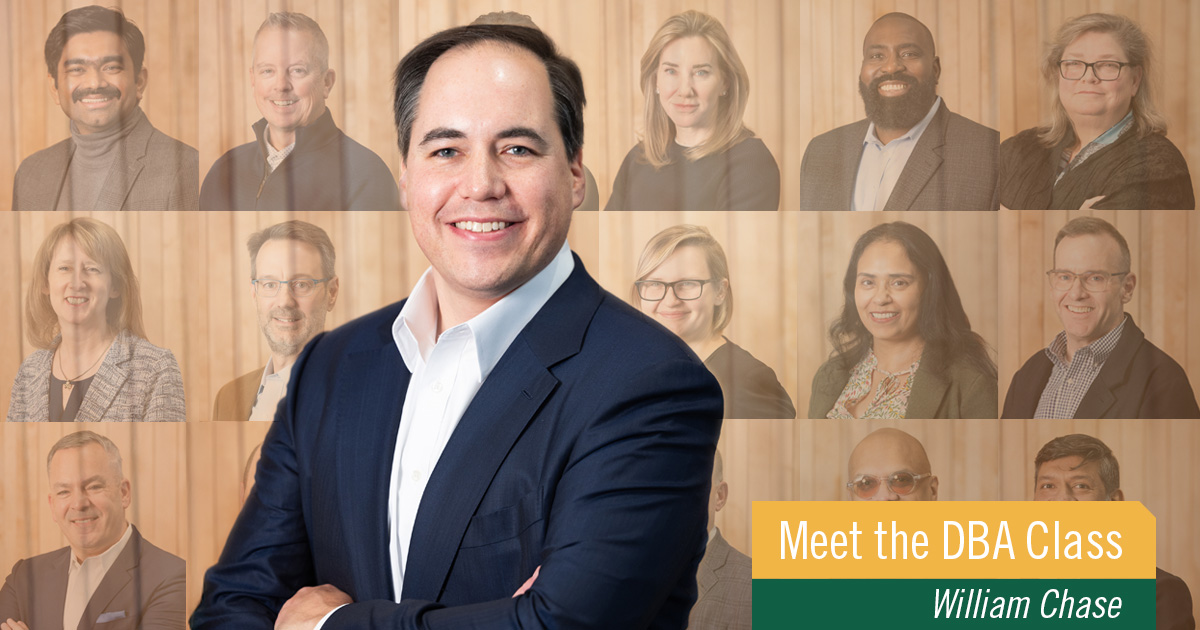 A profile picture of William Chase stands against a background of other profile pictures of DBA candidates.