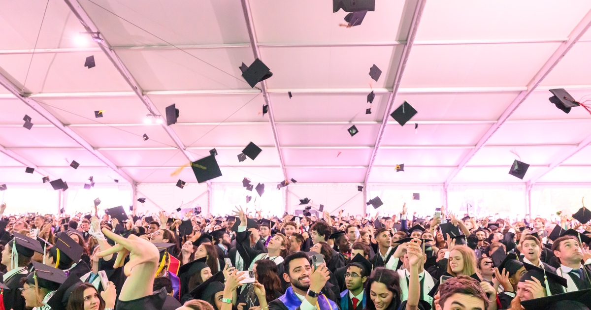 Students at graduation throwing their caps in the air