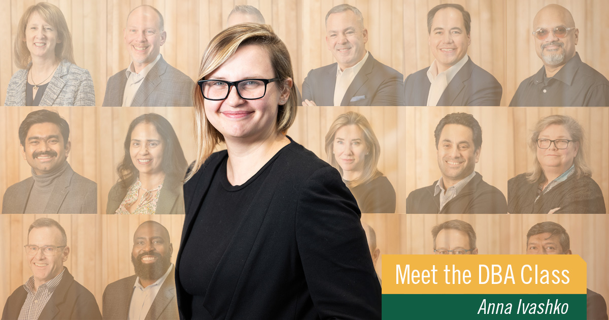 A profile picture of Anna Ivashko stands against a background of other profile pictures of DBA candidates.