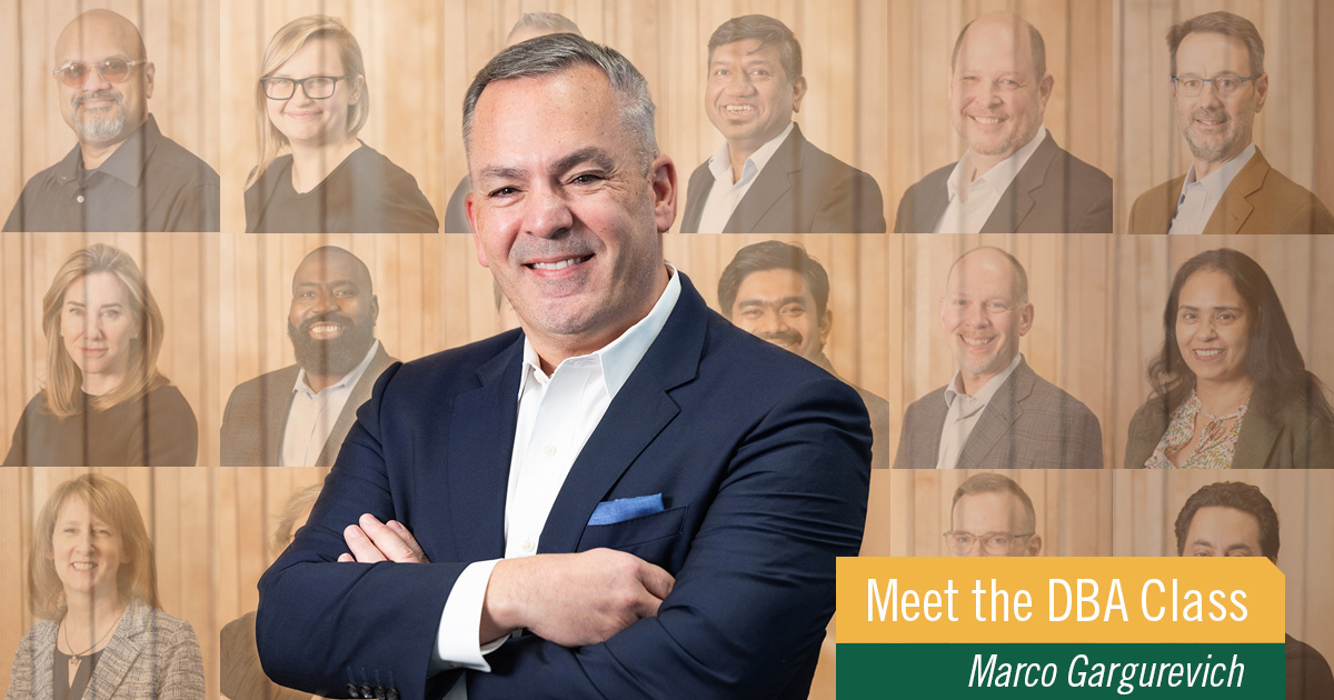 A profile picture of Marco Gargurevich stands against a background of other profile pictures of DBA candidates.