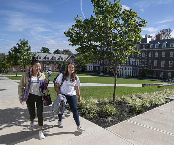 Students stroll on campus on a bright and sunny day