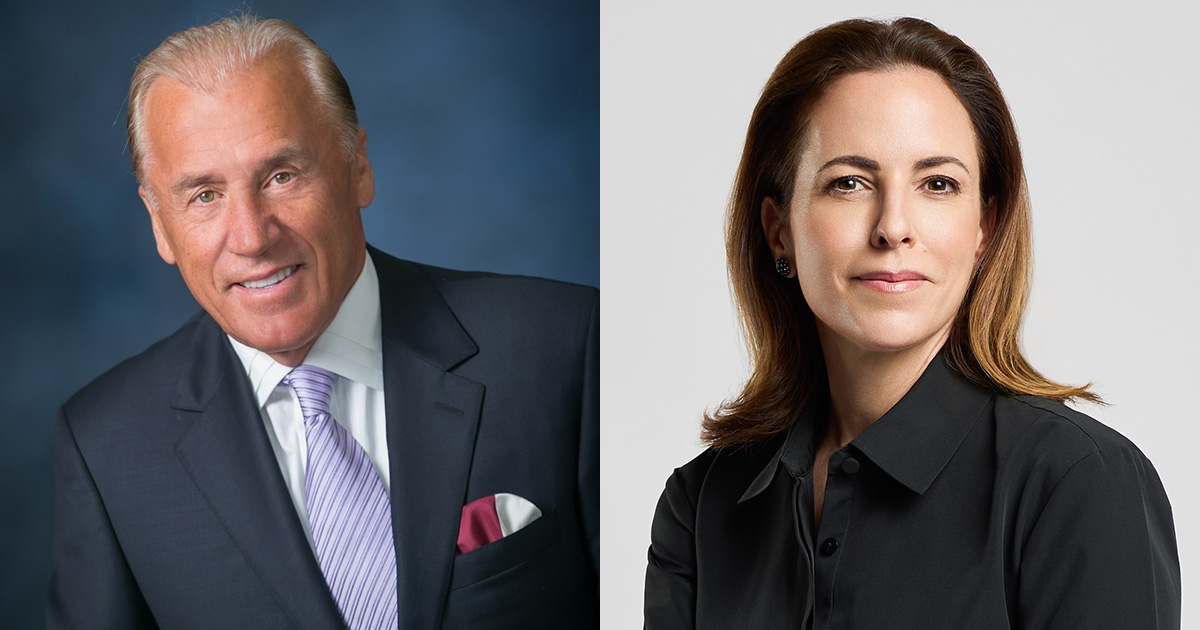 Composite head shots of C. Dean Metropoulos and Adriana Cisneros