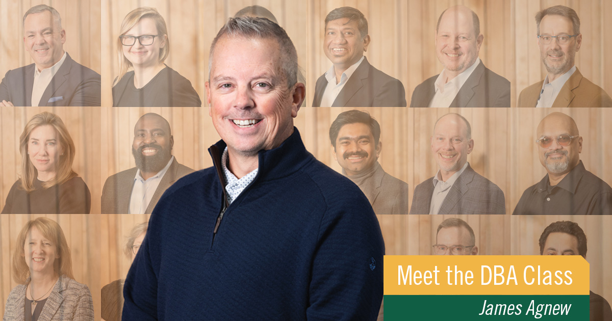 A profile picture of James Agnew stands against a background of other profile pictures of DBA candidates.